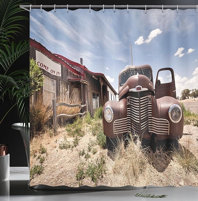 Ambesonne Americana Shower Curtain, Abandoned Restaraunt on Route 66 Come on in Sign Desert Road Rusty Old Car, Cloth Fabric Bathroom Decor Set with Hooks, 69" W x 75" L, Brown Blue