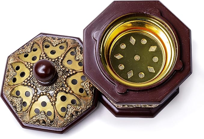 AM Lux Octagon Incense Burner – Charcoal Bakhoor, Cone & Frankincense Resin Holder | Mabkhara for Office, Spiritual Room & Islamic Gifts (Bronze)