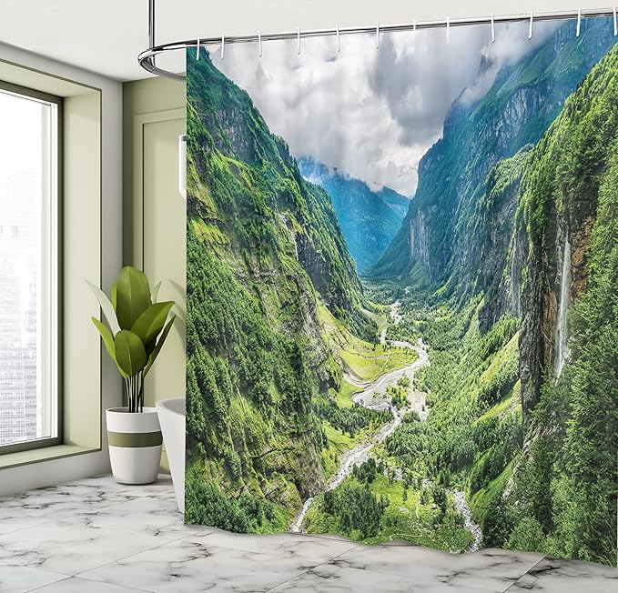 Ambesonne Landscape Shower Curtain, Valley Mountain Tree Mist Waterfall Canyon Alpine Landscape Nature Theme, Cloth Fabric Bathroom Decor Set with Hooks, 69" W x 70" L, Green White