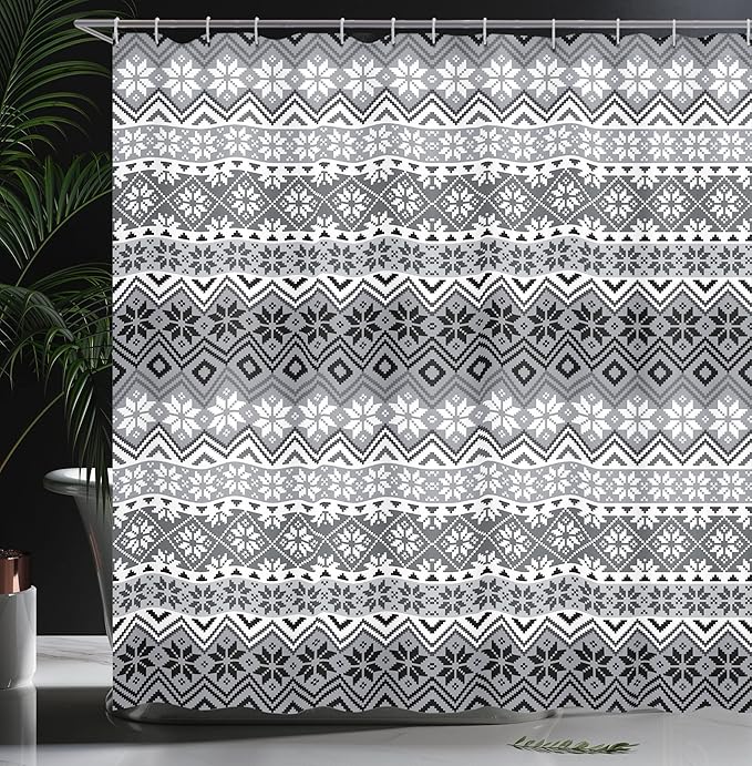 Ambesonne Grey Shower Curtain, Nordic Snowflake Knit Patterns Scandinavian Motifs Traditional and Modern Print, Cloth Fabric Bathroom Decor Set with Hooks, 69" W x 70" L, Gray White
