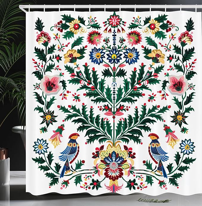 Ambesonne Christmas Shower Curtain, Traditional Scandi Art of Xmas Berry Leaves Birds and Floral Colorful, Cloth Fabric Bathroom Decor Set with Hooks, 69" W x 75" L, Green White Multicolor