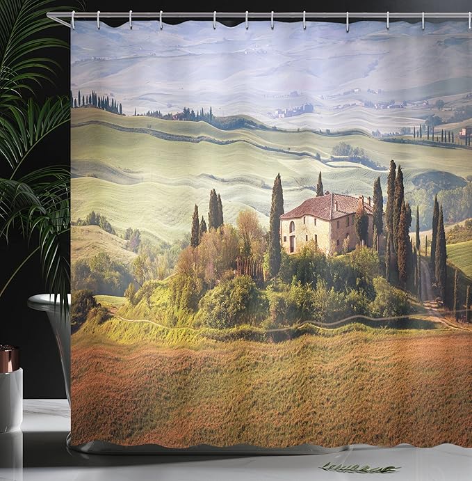 Ambesonne Tuscan Shower Curtain, Tuscany Seen from Stone Village of Montepulciano Italy in Cloudy Day, Cloth Fabric Bathroom Decor Set with Hooks, 69" W x 75" L, Green Taupe