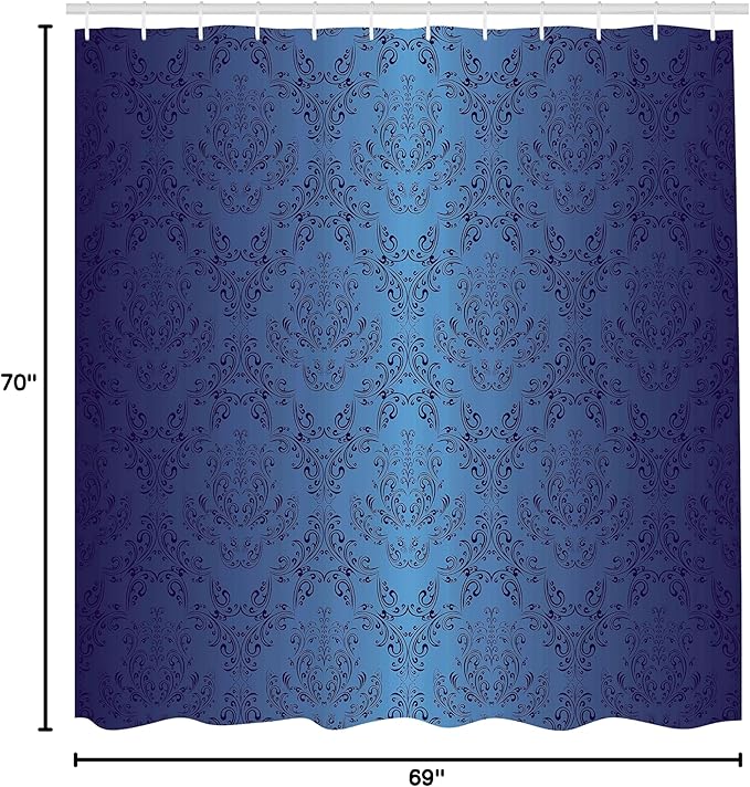 Ambesonne Navy Blue Shower Curtain, Antique Baroque Floral Swirling Patterns Victorian Vintage Retro Style, Cloth Fabric Bathroom Decor Set with Hooks, 69" W x 70" L, Dark Blue