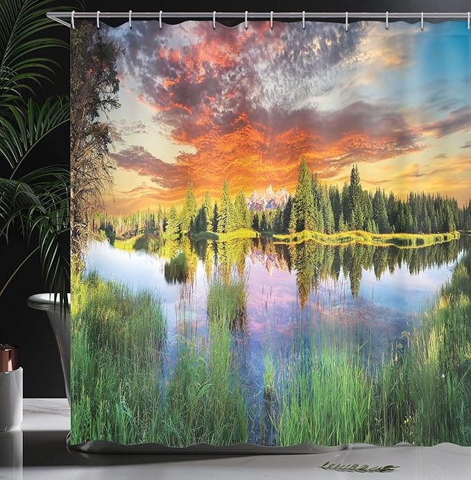 Ambesonne Landscape Shower Curtain, Calm Natural Sunrise by River Forest Trees Clouds Weeds Sun Reflection on Water, Cloth Fabric Bathroom Decor Set with Hooks, 69" W x 84" L, Green Orange