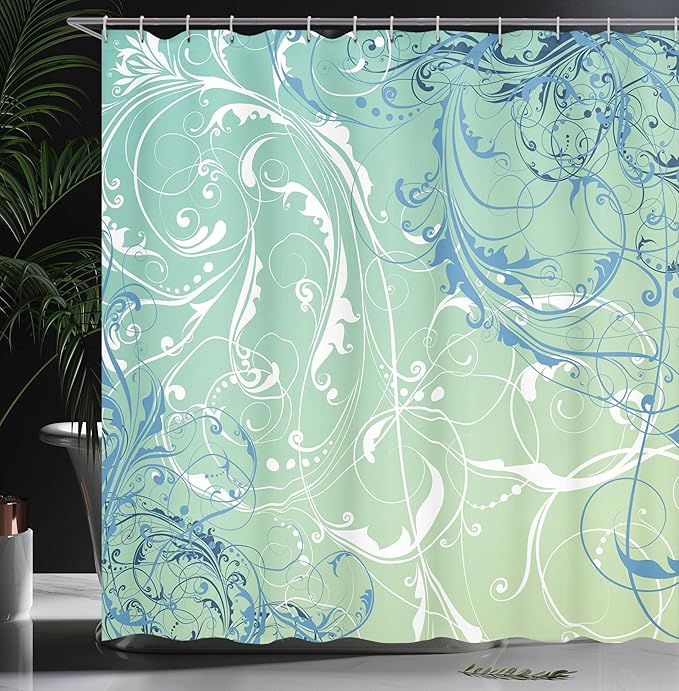 Ambesonne Floral Shower Curtain, Baroque Swirl Branches Curved Flower Leaves Shabby Form Nature Pattern, Cloth Fabric Bathroom Decor Set with Hooks, 69" W x 84" L, Fern Green