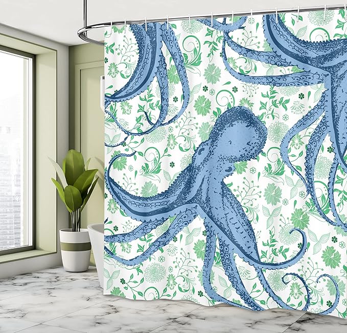 Ambesonne Nautical Shower Curtain, Sealife Sea Monster Octopus Kraken with Tentacles and Colorful Flowers, Cloth Fabric Bathroom Decor Set with Hooks, 69" W x 75" L, Mint Green