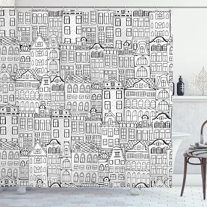 Ambesonne Amsterdam Shower Curtain, Monochrome Style Cartoon Drawing of Historic Houses Clutter City Town, Cloth Fabric Bathroom Decor Set with Hooks, 69" W x 70" L, Charcoal White