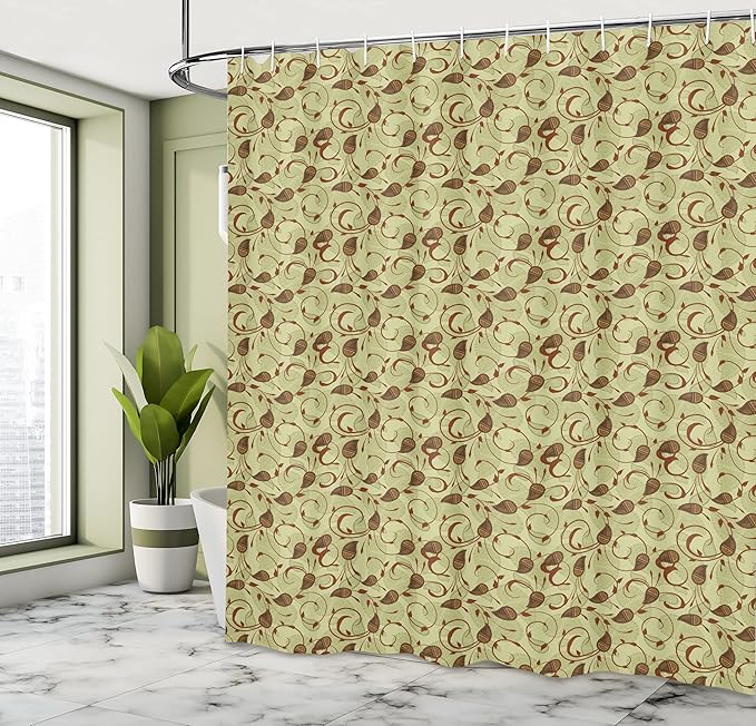 Ambesonne Paisley Shower Curtain, Modern Design of Classic Eastern Leafy Motif and Swirly Branches Art Oriental, Cloth Fabric Bathroom Decor Set with Hooks, 69" W x 70" L, Pale Green Brown