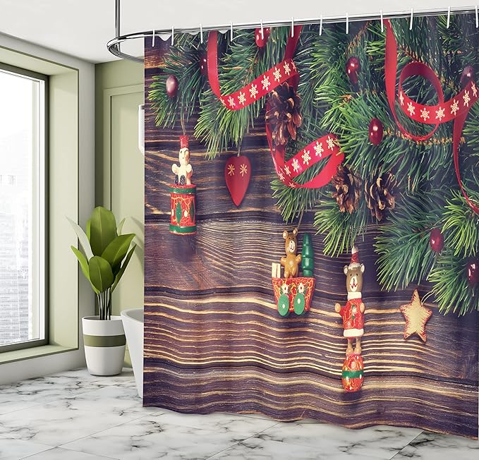 Ambesonne Christmas Shower Curtain, Cloth Fabric Bathroom Decor Set with Hooks, Old Ribbon Print, 69" W x 70" L, Green and Brown