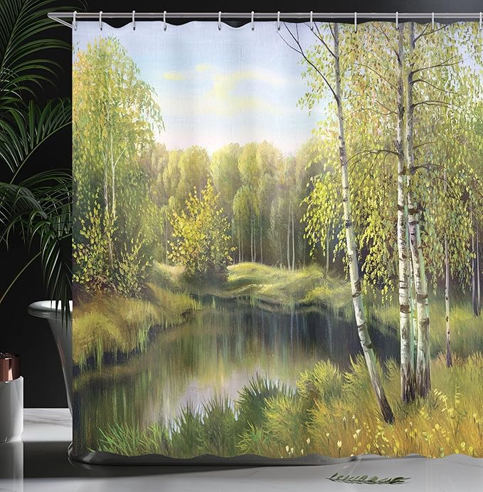 Ambesonne Forest Shower Curtain, Birch Tree Forest in Autumn Leafless Branches Calm River Oil Paint Effect, Cloth Fabric Bathroom Decor Set with Hooks, 69" W x 84" L, Aqua Green