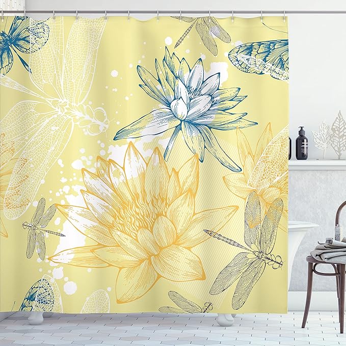 Ambesonne Dragonfly Shower Curtain, Boho Style Plants and Dragonflies Sketchy Illustration, Cloth Fabric Bathroom Decor Set with Hooks, 69" W x 84" L, Petrol Blue