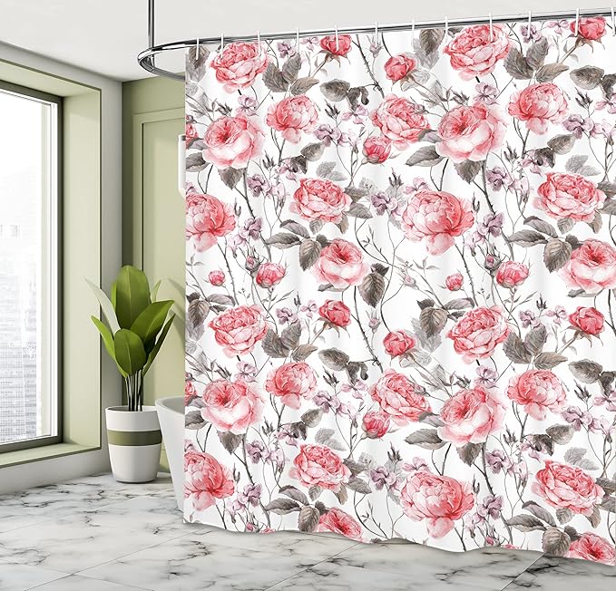 Ambesonne Rose Shower Curtain, Classic Vintage Floral Pattern Watercolor Style Bouquet of English Roses Wildflowers, Cloth Fabric Bathroom Decor Set with Hooks, 69" W x 70" L, Coral Taupe