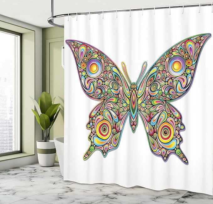 Ambesonne Butterflies Shower Curtain, Butterfly Psychedelic Design Spirals Wildlife Eyes Pattern, Cloth Fabric Bathroom Decor Set with Hooks, 69" W x 84" L, Green Pink