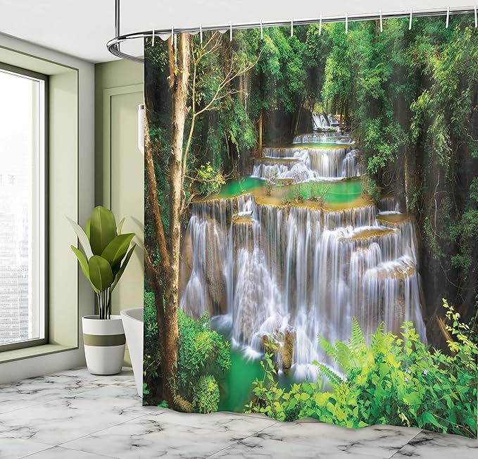 Ambesonne Waterfall Shower Curtain, View of Waterfall in Kanjanaburi Stream Crossing Forest, Cloth Fabric Bathroom Decor Set with Hooks, 69" W x 70" L, Green Pale Coffee White