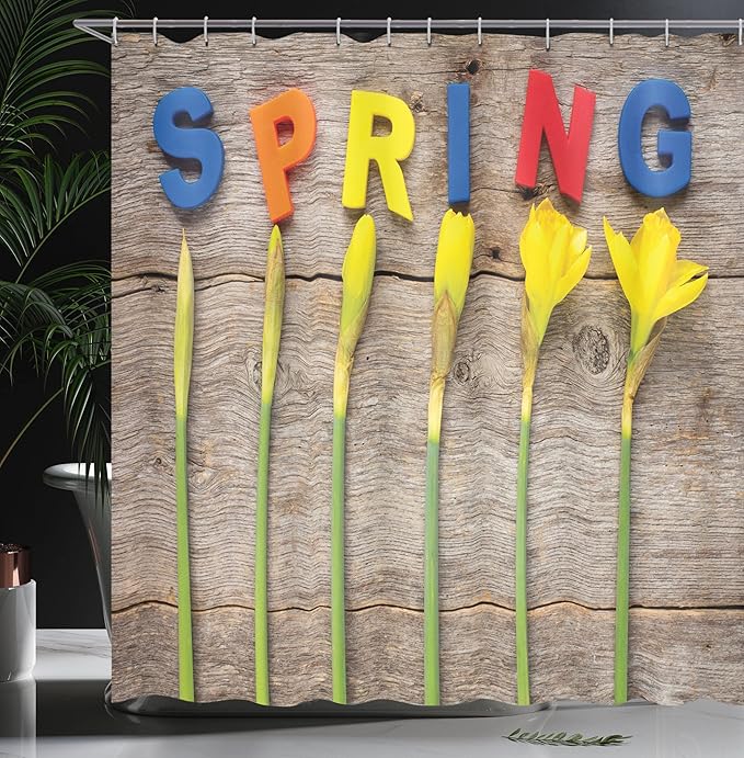 Ambesonne Daffodils Shower Curtain, Letters Spelling Word Spring with Daffodil Flowers on Wooden Backdrop Image, Cloth Fabric Bathroom Decor Set with Hooks, 69" W x 70" L, Yellow Red Blue