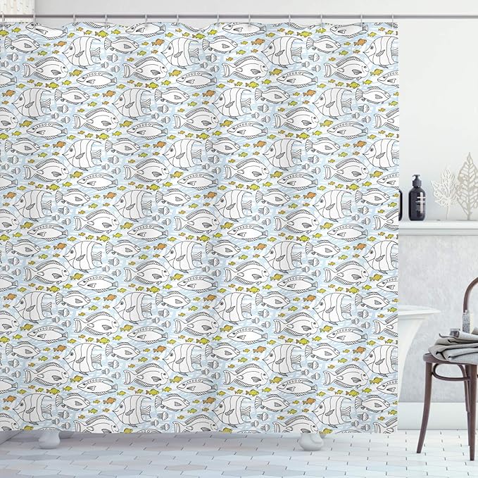 Ambesonne Jellyfish Shower Curtain, Sketch Art with Fish and Jellyfish Patterns Underwater Life Aquatic Illustration, Cloth Fabric Bathroom Decor Set with Hooks, 69" W x 70" L, Black Lime
