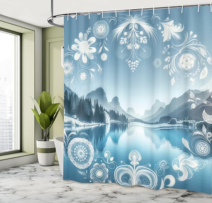 Ambesonne Lake Shower Curtain, Panoramic Nature View Mountains Woodland Folkloric Floral Wreath Ornaments, Cloth Fabric Bathroom Decor Set with Hooks, 69" W x 70" L, Slate Blue Sky Blue