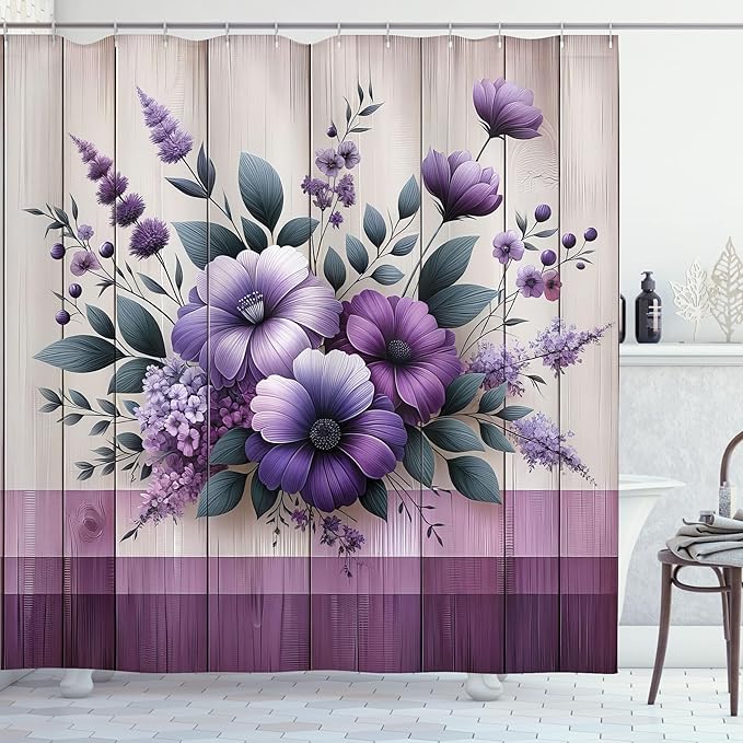Ambesonne Purple Shower Curtain, Modern Farmhouse Themed Rustic Back with Greenery Leaves Floral Huddle, Cloth Fabric Bathroom Decor Set with Hooks, 69" W x 75" L, Lavender Indigo Eggshell
