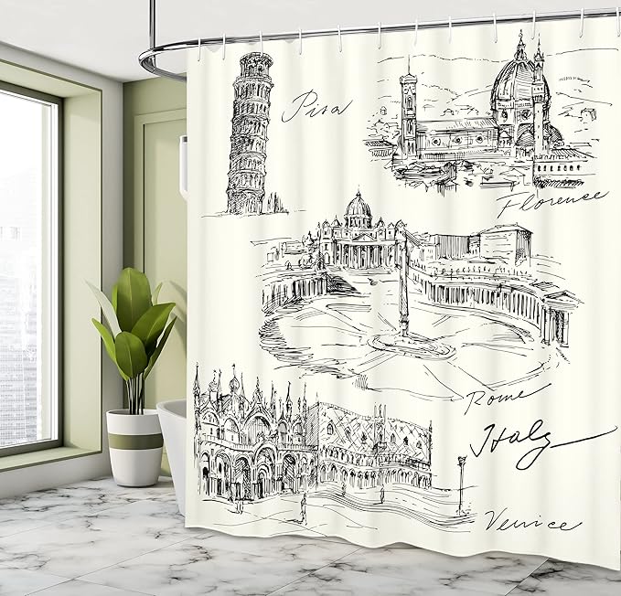 Ambesonne Sketchy Shower Curtain, Travel The World Themed Historical Italian Landmarks Venice Rome Florence Pisa, Cloth Fabric Bathroom Decor Set with Hooks, 69" W x 75" L, White Charcoal Grey