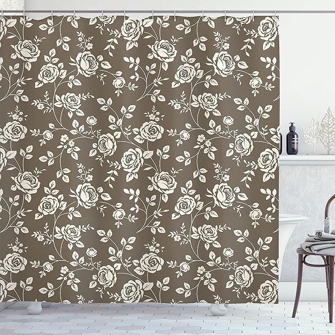 Ambesonne Rose Shower Curtain, Silhouette Pattern of Rose Branches Twig Ornamental Old Fashioned Antique Design, Cloth Fabric Bathroom Decor Set with Hooks, 69" W x 70" L, Dark Taupe White