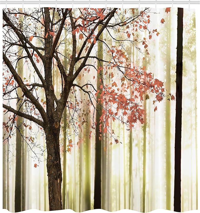 Ambesonne Autumn Shower Curtain, Picture of a Lonely Tree Leaves on an Abstract Woodland Background Print, Cloth Fabric Bathroom Decor Set with Hooks, 69" W x 84" L, Coral Cream