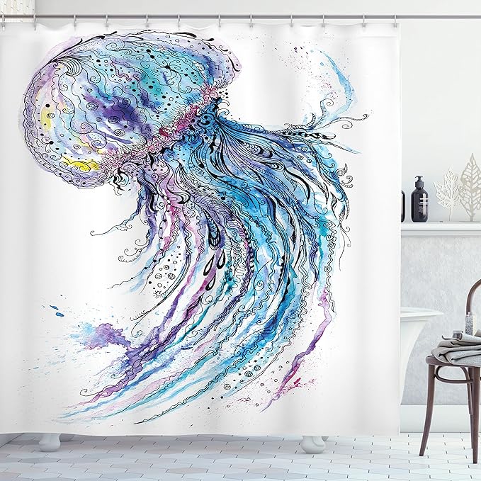 Ambesonne Jellyfish Shower Curtain, Aqua Colors Art Ocean Animal Print Sketch Style Creative Sea Marine Theme, Cloth Fabric Bathroom Decor Set with Hooks, 69" W x 75" L, Blue White