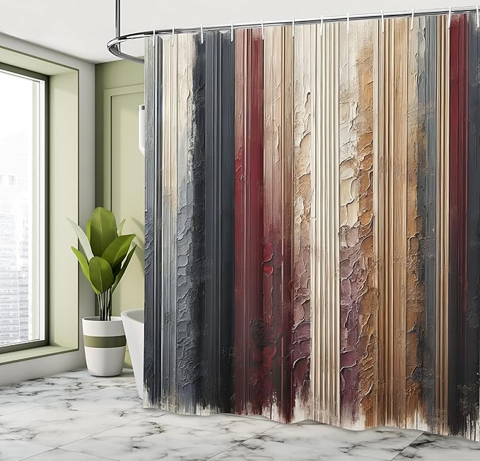 Ambesonne Striped Shower Curtain, Abstract Modern Oil Paint of Vertical Brushstroke Dark Autumn Tones Print, Cloth Fabric Bathroom Decor Set with Hooks, 69" W x 70" L, Maroon Camel Grey