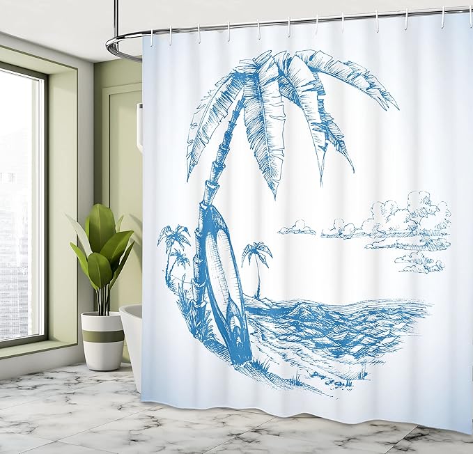 Ambesonne Surf Shower Curtain, Contemporary Sketch Illustration Hawaiian Beach Surfboard Palms Ocean Water, Cloth Fabric Bathroom Decor Set with Hooks, 69" W x 70" L, Blue White