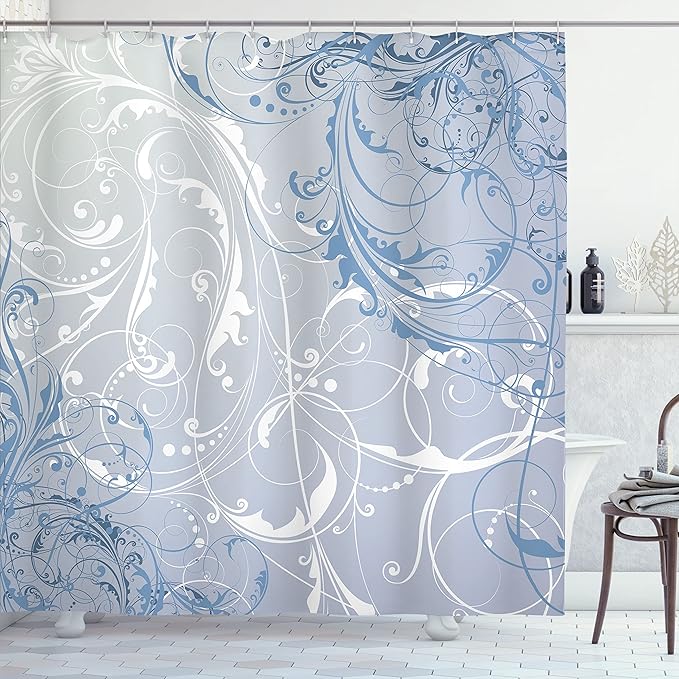 Ambesonne Floral Shower Curtain, Baroque Swirl Branches Curved Flower Leaves Shabby Form Nature Pattern, Cloth Fabric Bathroom Decor Set with Hooks, 69" W x 70" L, Petrol Blue