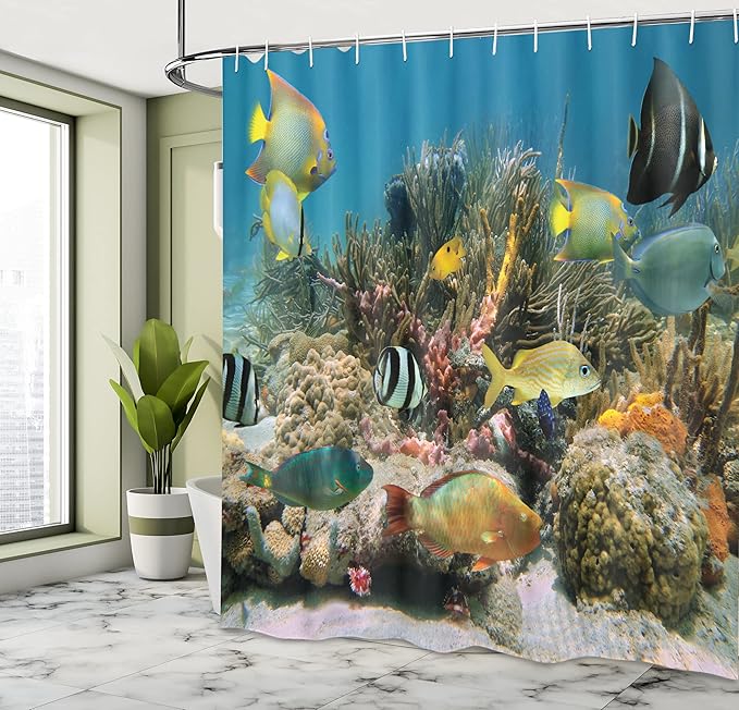 Ambesonne Ocean Shower Curtain, Colorful Coral Colony on Reef Shoal of Tropical Fish Caribbean Sea Picture, Cloth Fabric Bathroom Decor Set with Hooks, 69" W x 75" L, Grey Charcoal