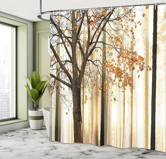 Ambesonne Autumn Shower Curtain, Picture of Tree with Orange Leaves an Abstract Woodland Background, Cloth Fabric Decor for Home Fall Curtains Bathroom Set with 12 Hooks, 69" W x 84" L, Orange Yellow