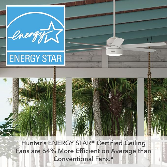 Hunter Solaria, Outdoor or Indoor, Ceiling Fan, Quiet, 72 inch, Fresh White | with LED Light, Standard Mount, Wall Control, 6 Blades, For Patio, Porch, Garage, 51477