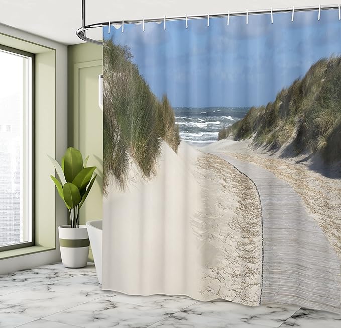 Ambesonne Beach Shower Curtain, Wavy Surface Traveling Greenery European Nature Shoreline Coastal View Cloudscape, Cloth Fabric Bathroom Decor Set with Hooks, 69" W x 70" L, Tan Blue Green