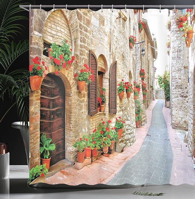 Ambesonne Tuscan Shower Curtain, Porch with Colorful Flowers at an Old Street in Town in Italy in Sunny Day, Cloth Fabric Bathroom Decor Set with Hooks, 69" W x 75" L, Vermilion Brown