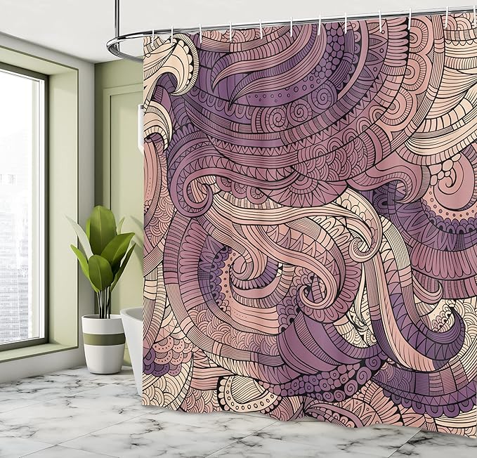 Ambesonne Abstract Shower Curtain, Ocean Inspired Graphic Paisley Pattern Swirled Hand Drawn Artwork Print, Cloth Fabric Bathroom Decor Set with Hooks, 69" W x 84" L, Eggplant Peach