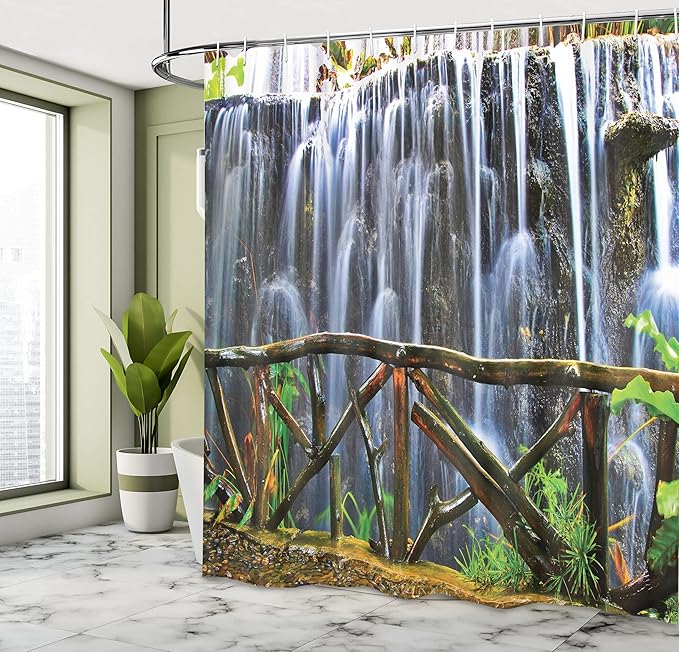 Ambesonne Waterfall Shower Curtain, Tropical Park and Falling Stream Plants Waterfall Scenery Painting Artwork, Cloth Fabric Bathroom Decor Set with Hooks, 69" W x 70" L, White and Green