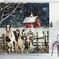 Ambesonne Christmas Shower Curtain, Snowy Xmas Eve Countryside Barn and Cows Vintage Illustration, Cloth Fabric Bathroom Decor Set with Hooks, 69" W x 70" L, Beige Pale Grey and Pale Ruby