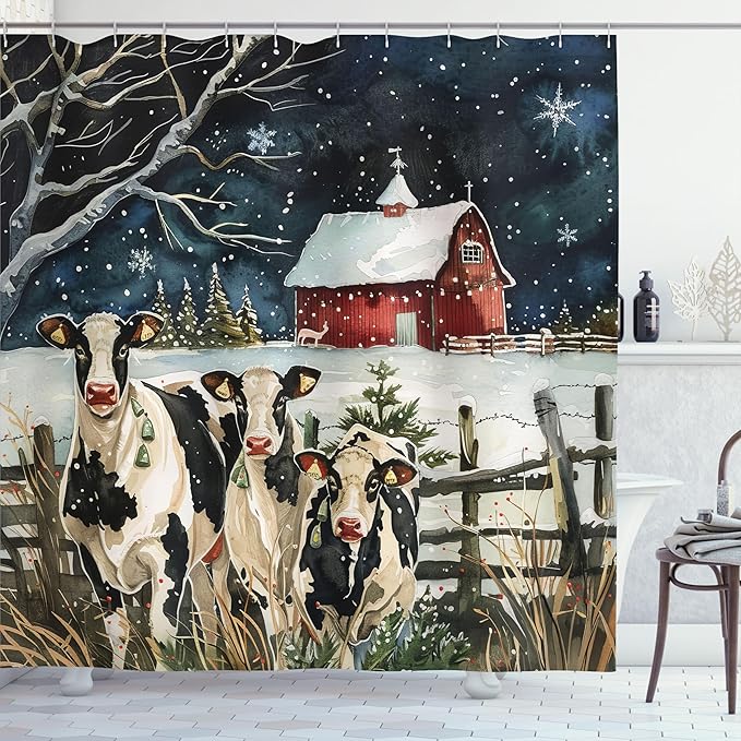 Ambesonne Christmas Shower Curtain, Snowy Xmas Eve Countryside Barn and Cows Vintage Illustration, Cloth Fabric Bathroom Decor Set with Hooks, 69" W x 84" L, Beige Pale Grey and Pale Ruby
