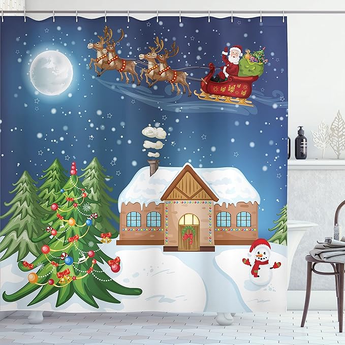Ambesonne Christmas Shower Curtain, Classical Xmas Scenery Santa Delivering Presents Rudolf The Red Nosed Reindeer, Cloth Fabric Bathroom Decor Set with Hooks, 69" W x 84" L, Slate Blue