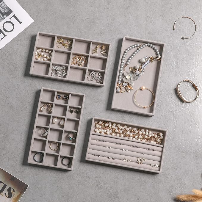 Frebeauty Jewelry Trays for Drawer,Set of 9 Jewelry Organizer and Storage | Velvet Material,Earring Holder Organizer,Stackable Jewelry Display for Vanity,Drawer Inserts for Rings,Studs,8.3×4.9 inch