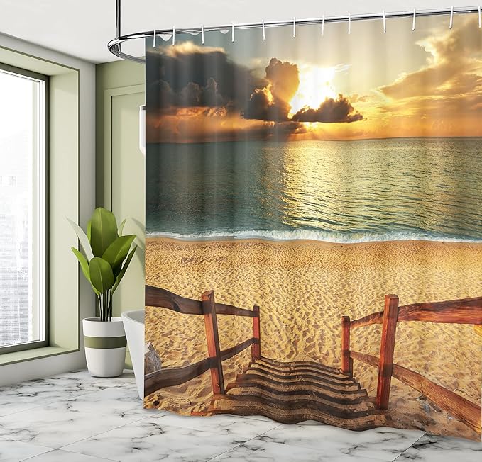Ambesonne Beach Shower Curtain, Dramatic Beach Scenery with Majestic Rain Cloud Horizon Heaven Paradise Theme, Cloth Fabric Bathroom Decor Set with Hooks, 69" W x 84" L, Orange Cream