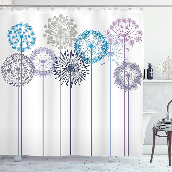 Ambesonne Floral Shower Curtain, Flower Inspired Artwork Colorful Dandelions on White Background Illustration Print, Cloth Fabric Bathroom Decor Set with Hooks, 69" W x 70" L, Deep Sky