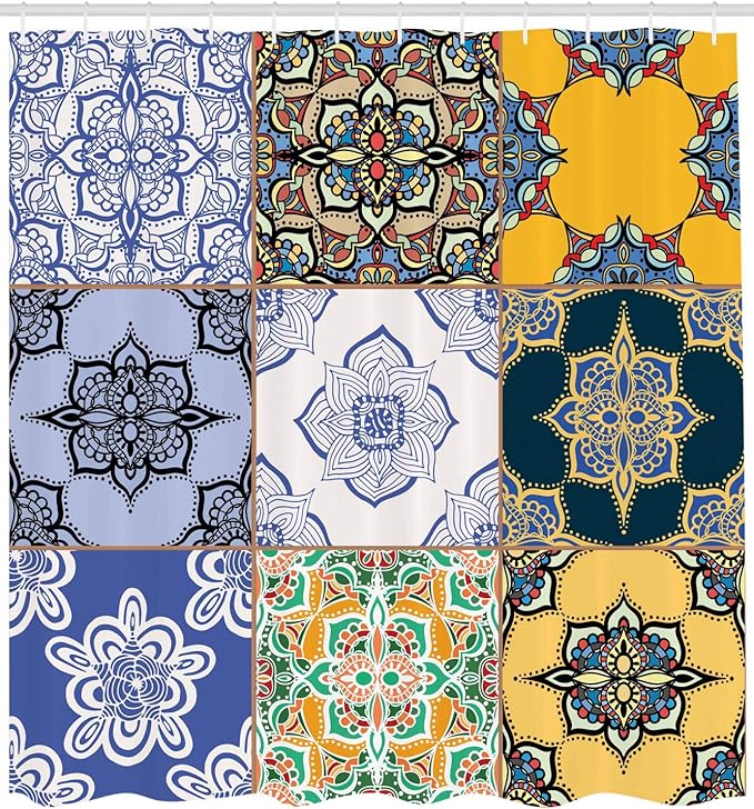 Ambesonne Moroccan Shower Curtain, Portuguese Tile Patterns Various Tones Textures Bohemian Print, Cloth Fabric Bathroom Decor Set with Hooks, 69" W x 70" L, White Soft Blue Night Blue