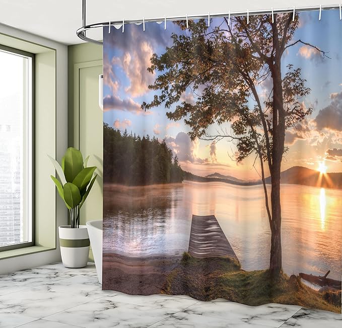 Ambesonne Seascape Shower Curtain, Wooden Bridge Shore of Seventh Lake Tree Sunbeam at Sunset Water Reflection Tranquility, Cloth Fabric Bathroom Decor Set with Hooks, 69" W x 84" L, Brown Peach