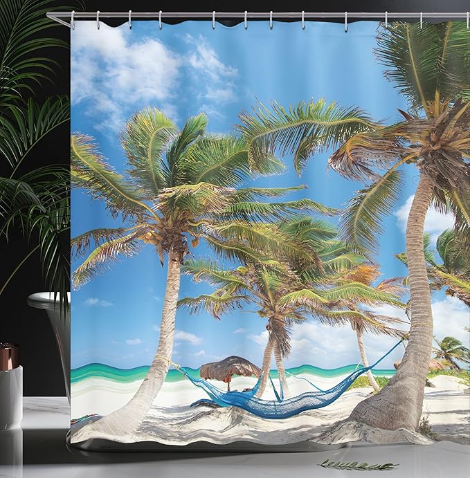 Ambesonne Beach Shower Curtain, Hammock Between Palm Trees and Sand Sunny Coast Scenery Travel Holiday Tropic Vacation Image, Cloth Fabric Bathroom Decor Set with Hooks, 69" W x 84" L, Coconut Green
