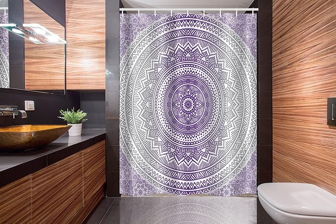 Ambesonne Grey and Purple Stall Shower Curtain, Eastern Traditional of Cosmos Pattern Boho Ombre Mandala Design Print, Fabric Bathroom Decor Set with Hooks, 54" W x 78" L, Purple White