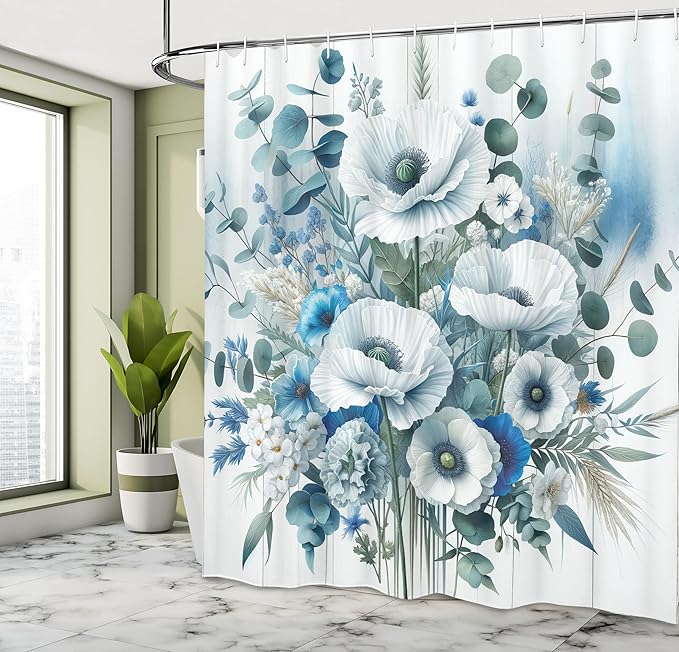 Ambesonne Blue Shower Curtain, Blooming Poppies with Dramatic Eucalyptus Leaves Botanical Style Print, Cloth Fabric Bathroom Decor Set with Hooks, 69" W x 75" L, Cadet Blue Laurel Green