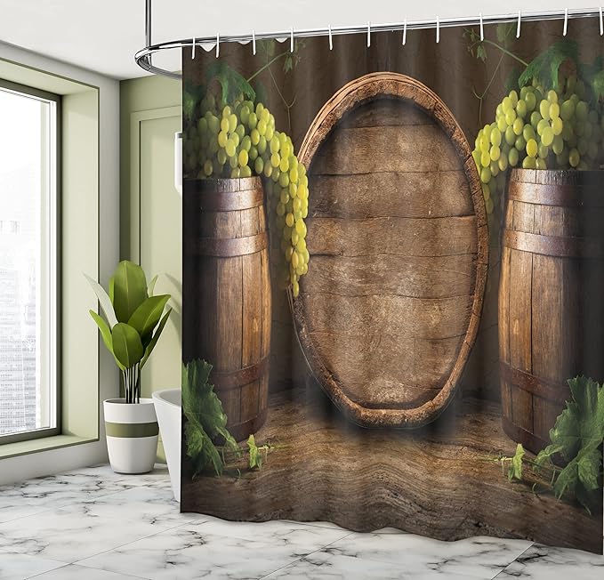 Ambesonne Winery Shower Curtain, Still Life of Wine with Wooden Keg Old Fashioned Wine Keeper Tasting, Cloth Fabric Bathroom Decor Set with Hooks, 69" W x 84" L, Green Apple