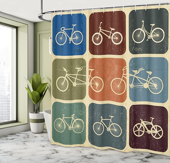 Ambesonne Vintage Shower Curtain, Retro Image Collage of Bicycle Bikes in a Row with Abstract Pattern Colored Art, Cloth Fabric Bathroom Decor Set with Hooks, 69" W x 75" L, Soft Beige