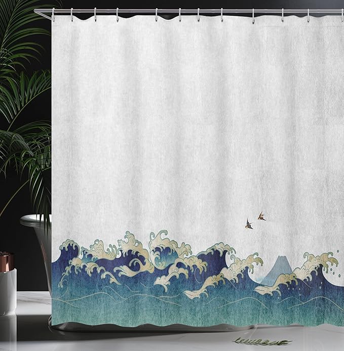 Ambesonne Japanese Wave Shower Curtain, Aquatic Swirls Birds of Ocean Ukiyo-e Style Art Greyscale Background, Cloth Fabric Bathroom Decor Set with Hooks, 69" W x 70" L, Grey Blue